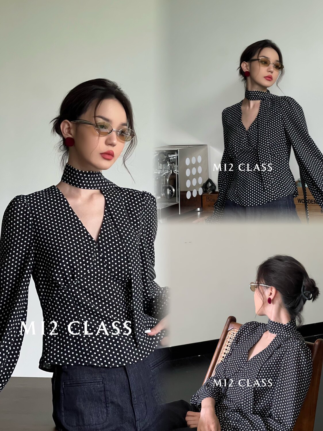 【现货】欧货25秋法式V领挂脖衬衫复古波点飘带衬衫百搭显瘦上衣