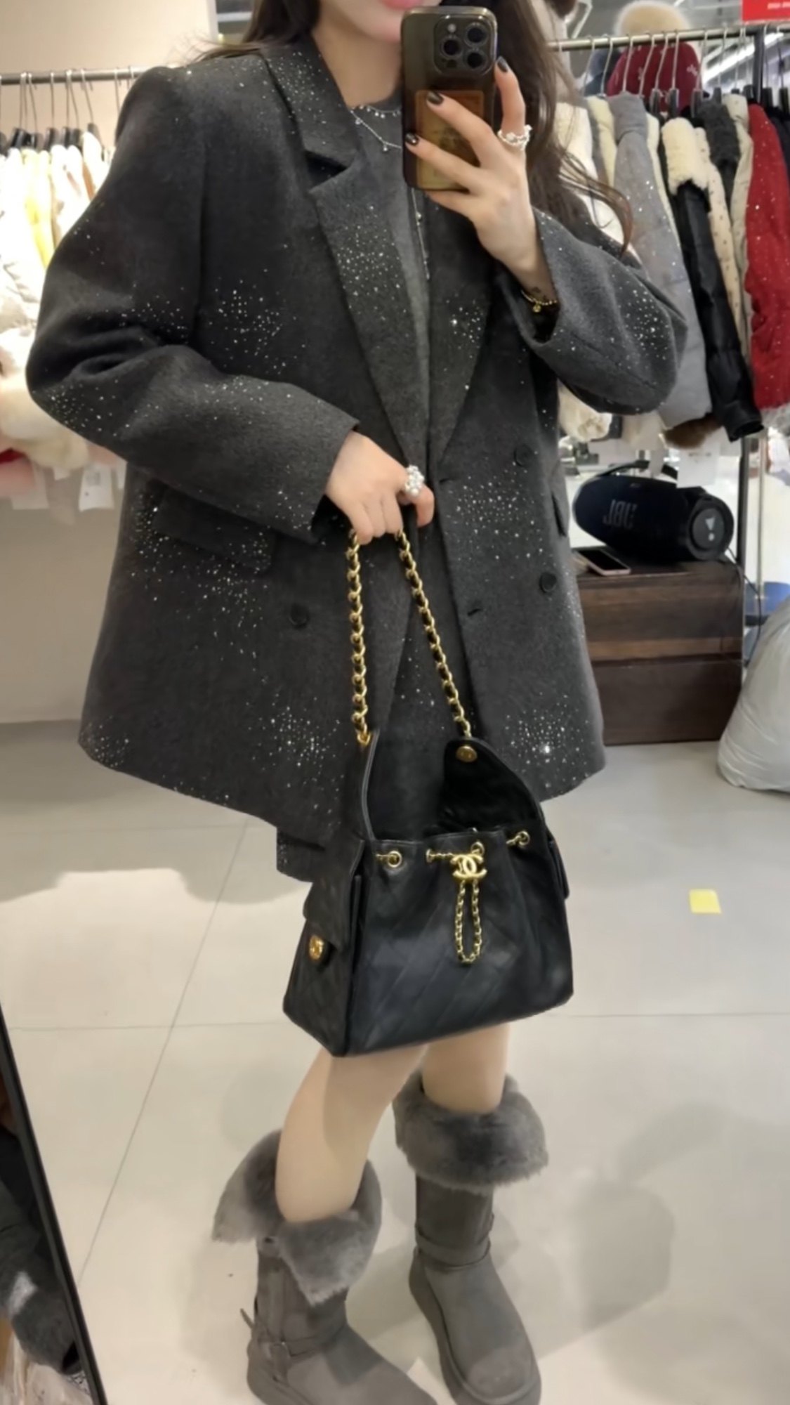 【现货】25冬季新款翻领毛呢西装羽绒外套短裙两件套装女,淘宝优惠券,粉丝福利购,淘宝优惠卷