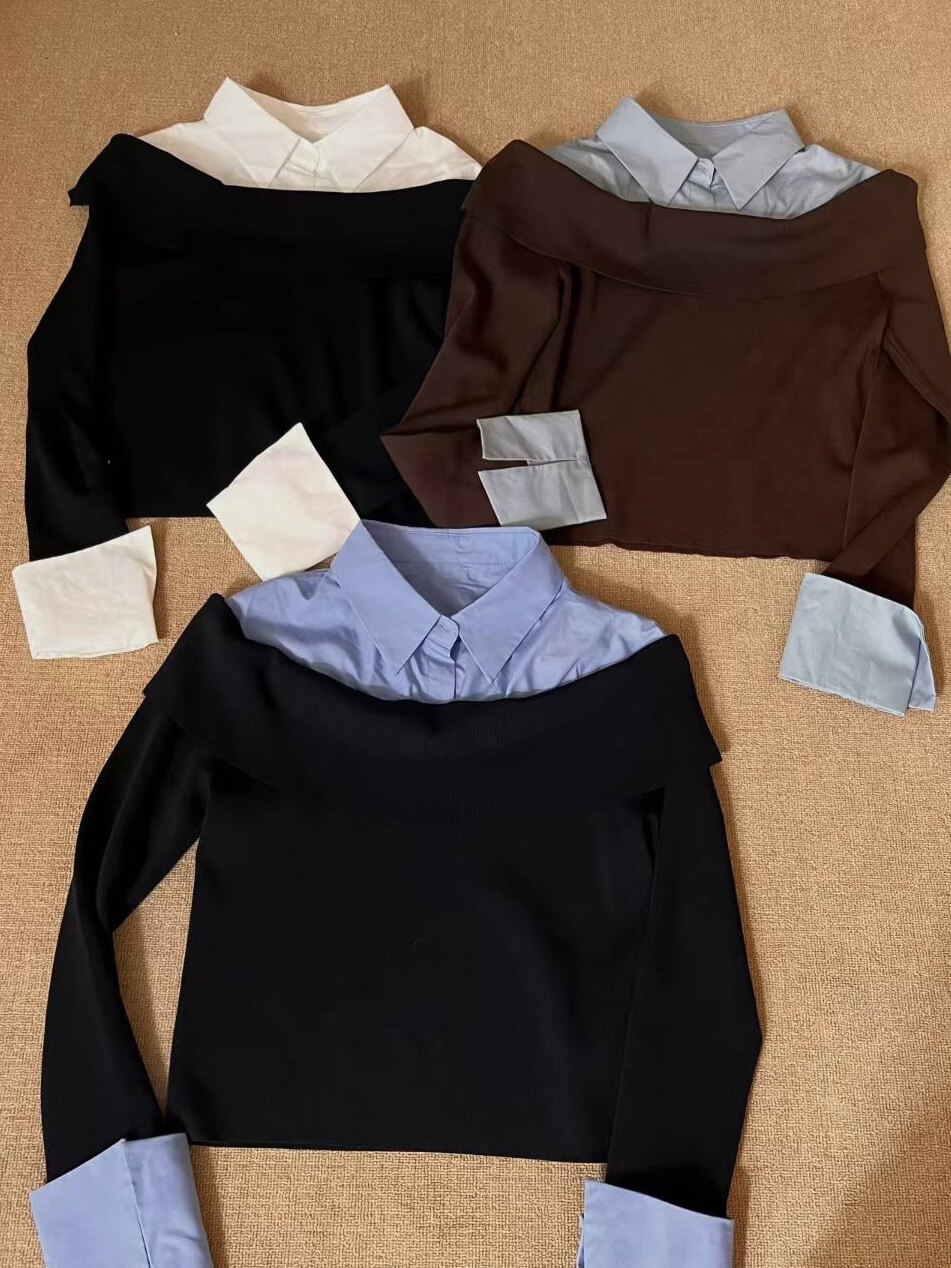 【现货】欧货25秋新衬衫法式假两件撞色设计感减龄百搭针织上衣女