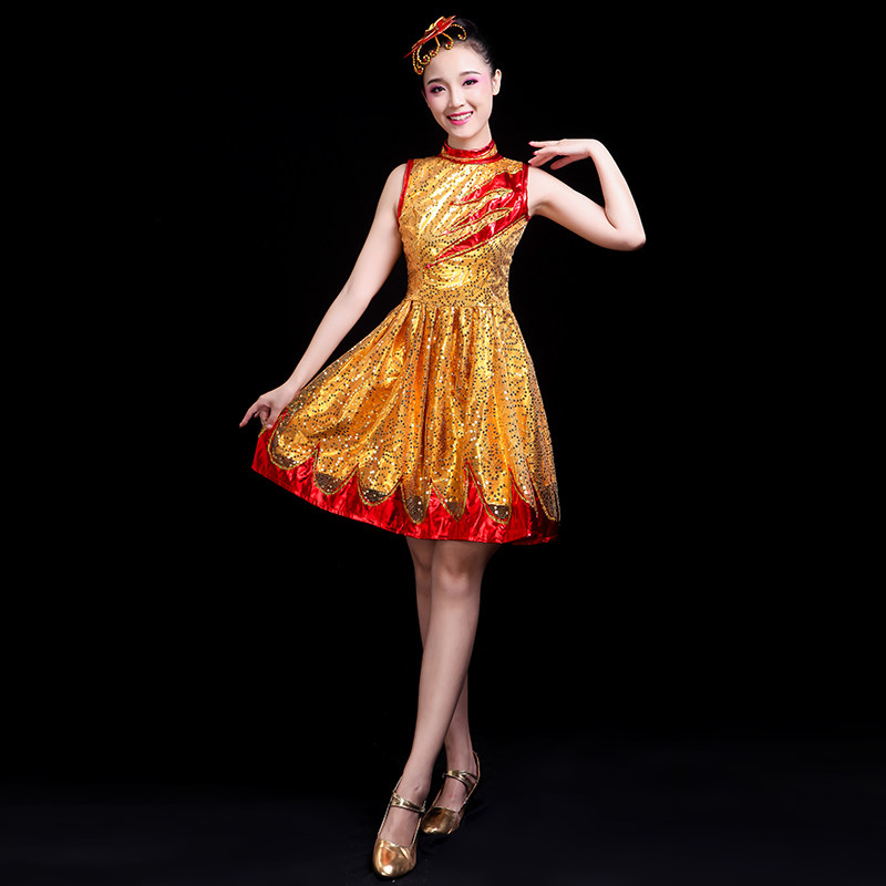 现代舞演出服表演服时尚亮片女连衣裙快板爵士舞舞蹈服装青春活力_虎窝淘