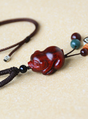 紫檀福猪木质中长款挂件吊坠项链