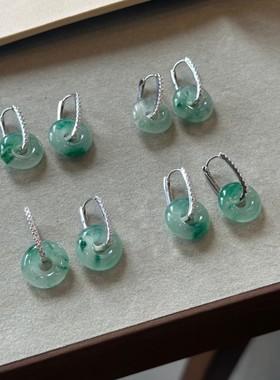 纯银S925国风非洲翠冰飘花甜甜圈耳环中式玉盘圆珠轻奢精致百搭