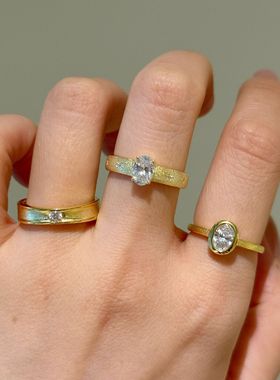 s925纯银戒指女拉丝磨砂18k金中古风重工满天星排戒爆闪高碳钻