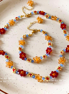 彩色多巴胺串珠编织花朵项链甜美森系小清新锁骨链时尚百搭饰品