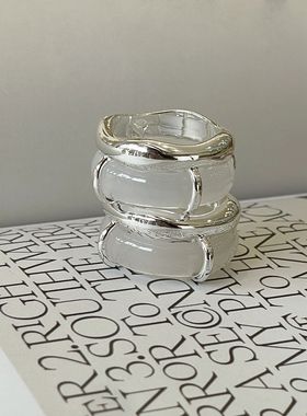 s925纯银新中式冰透白玉髓双层戒指个性设计感食指戒气质手饰