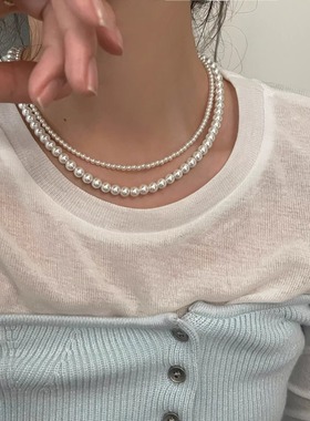 正圆650珍珠白施家珍珠项链钛钢元宝扣配饰女轻奢小众锁骨链