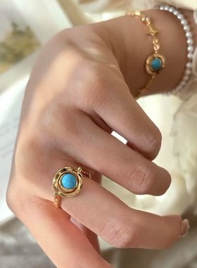 纯银s925芒星松石紫水晶双面戴手链戒指项链套装简约ins轻奢