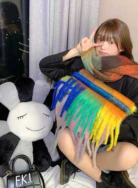 彩虹围巾女秋冬季仿羊绒格子披肩