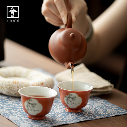 朱泥紫砂思亭壶单壶两茶杯泡茶壶壶承茶巾茶席功夫茶具茶事套组 - 图0
