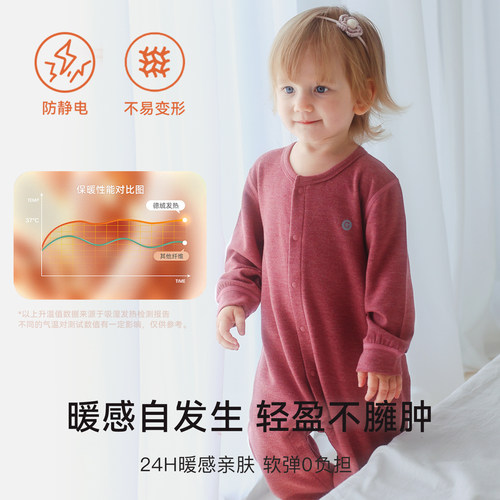 Griny【发热绒】新生婴儿连体衣蚕丝羊毛宝宝长袖爬服打底衣秋冬 - 图0