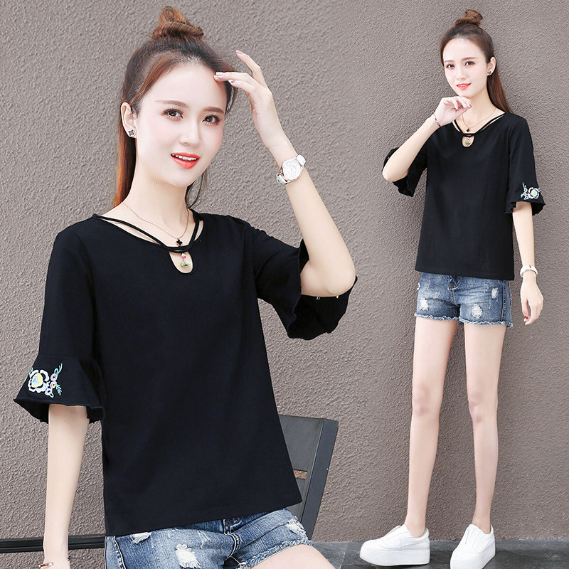 以纯短款喇叭袖圆领女2020夏装t恤 尚吻蔓T恤