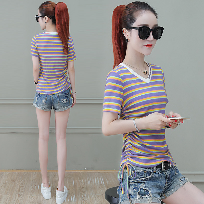 欧洲站紫色短袖女短款修身以纯t恤 尚吻蔓T恤