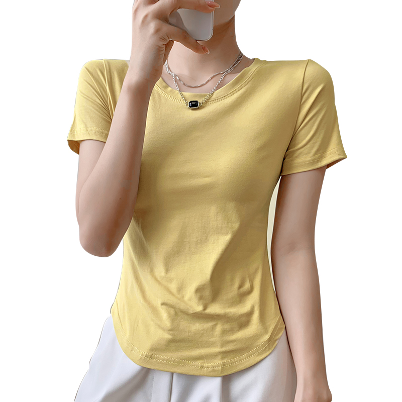 纯棉t恤女短袖夏季2022年新款圆领修身纯色百搭半袖体恤粉色上衣 - 图3