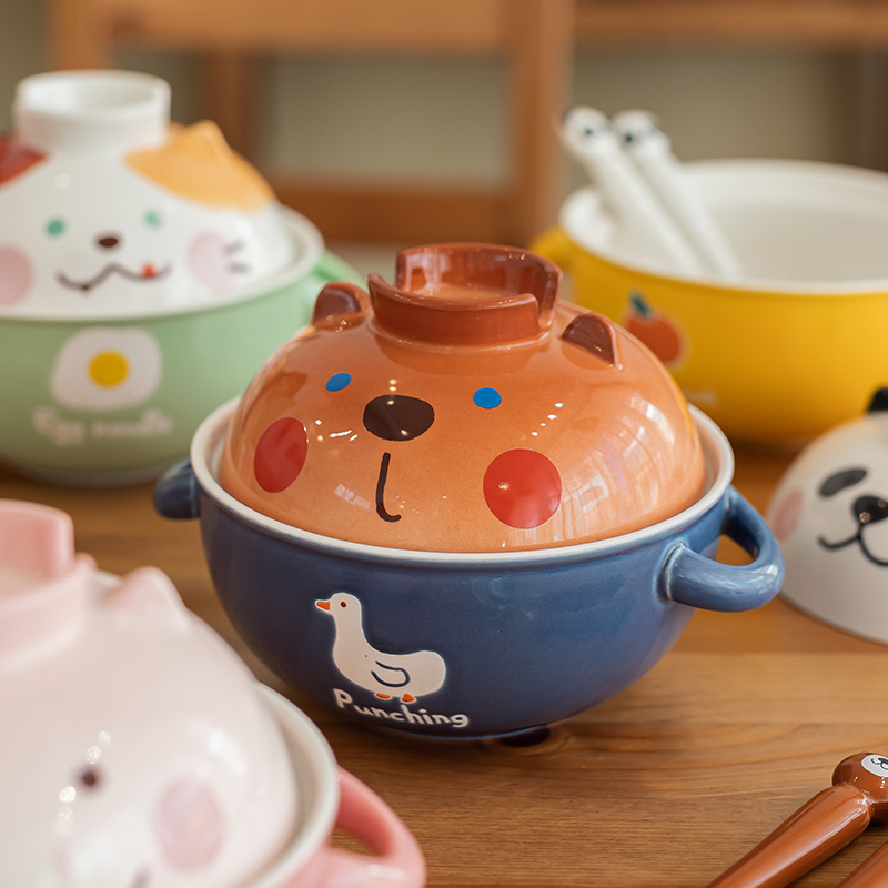 可爱陶瓷泡面碗带盖日式卡通家用大号双耳汤碗学生宿舍寝室拉面碗 - 图2