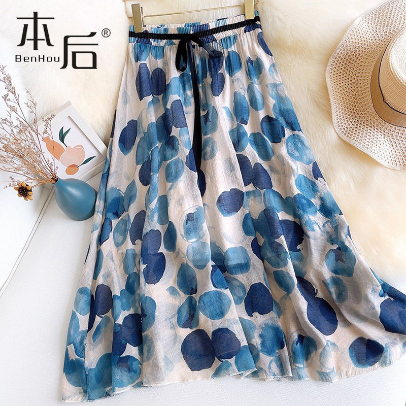 油画波点夏薄款中长款高腰半身裙 本后半身裙