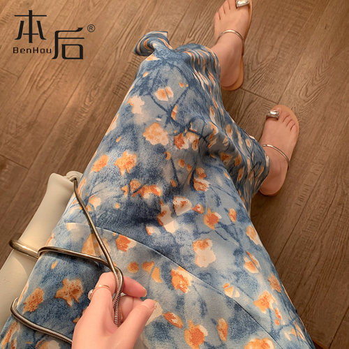5211 薄款油画风碎花半身裙春夏女中长款新款高腰包臀雪纺鱼尾裙 - 图1