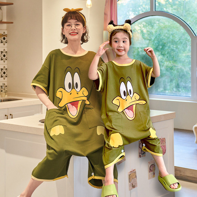 夏季儿童连体护肚短袖纯棉女童裤 纯兰语睡裙