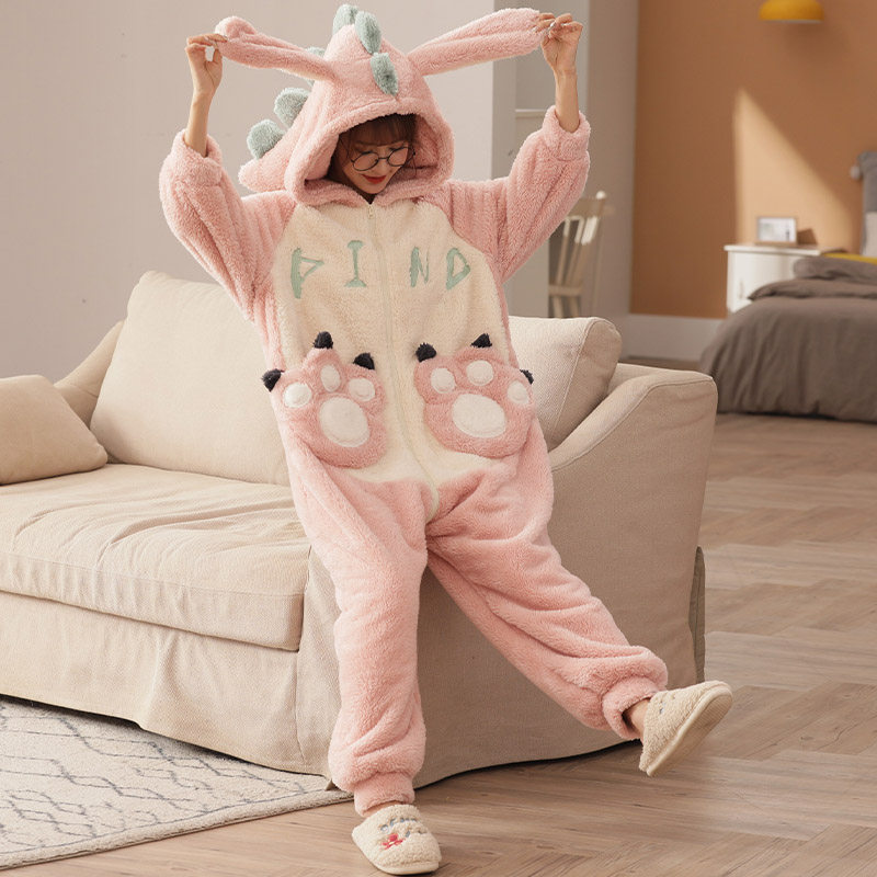 连体秋冬季珊瑚绒学生可爱连帽睡衣 纯兰语睡衣/家居服套装