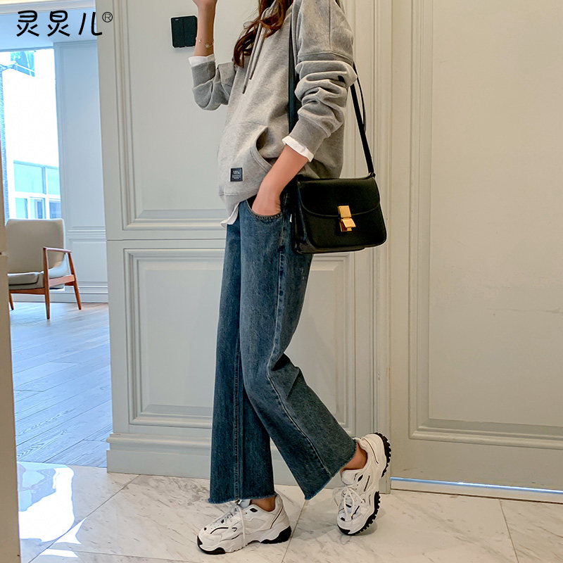 孕妇裤秋季外穿孕妇宽松潮妈牛仔裤 灵炅儿孕妇阔腿裤