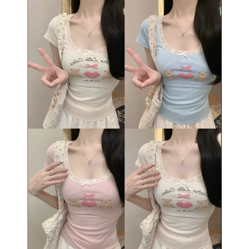 甜美感蕾丝花边短袖t恤女夏季bm风纯欲蝴蝶结显瘦正肩短上衣 - 图3