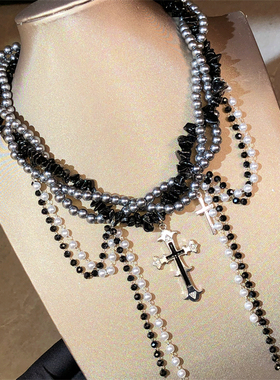 设计感甜酷多层叠戴珍珠镶钻十字架项链重工哥特风高级感锁骨链女