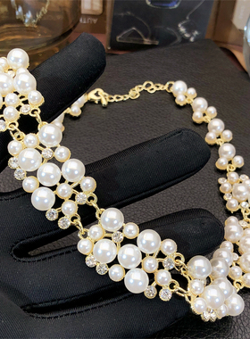 秋冬复古满钻纯欲风瀑布多层珍珠满天星项链法式轻奢超仙锁骨链女