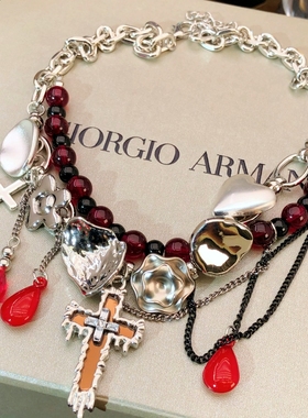 原创红色项链重工哥特朋克多层choker叠戴复古设计感十字架项链女