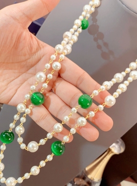 中古风深绿色琉璃珠珍珠长款项链宝石毛衣链镶钻气质轻奢高级感女