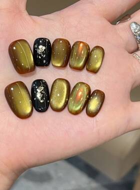 【林下叶】金色玻璃珠猫眼极光粉纯手工穿戴甲H412款