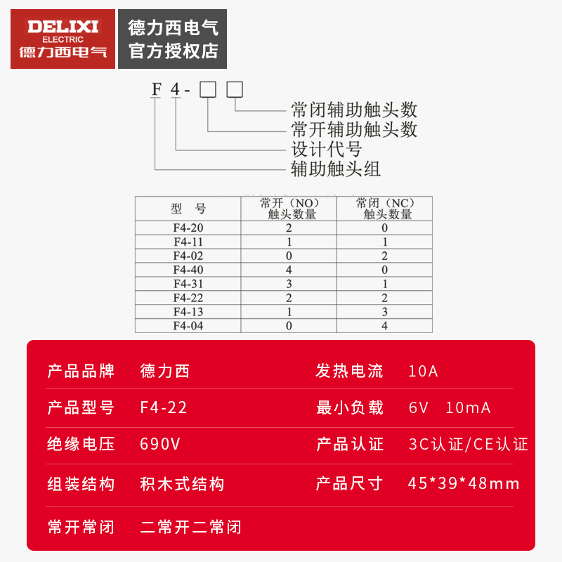 德力西交流接触器辅助触头 F4-22 04 13 31 配CJX2 CJX4 LC1用 - 图1