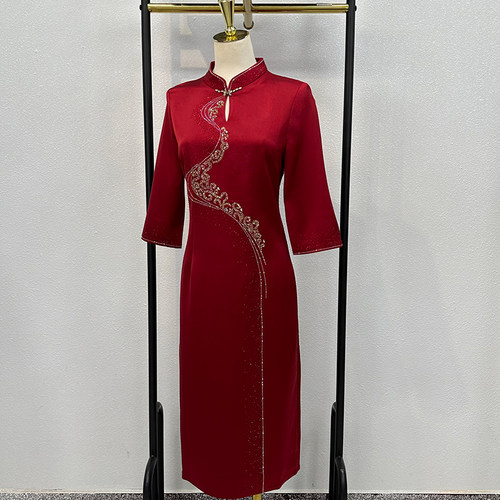 醋酸缎妈妈结婚礼服高端2025秋季新款嫁女儿喜婆婆婚宴装改良旗袍 - 图3