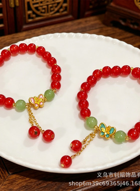 新中式招才纳福中式古风手链蝴蝶手链女孩红手链学生玻璃水晶手链