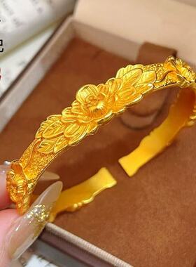 铜镀金婚庆喜庆金手镯古法沙金錾刻繁花双喜牡丹花手镯开口金镯子