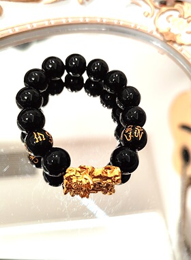 仿越南沙金黑曜石貔貅手链六字箴言貔貅手串学生男女佛珠手串礼物