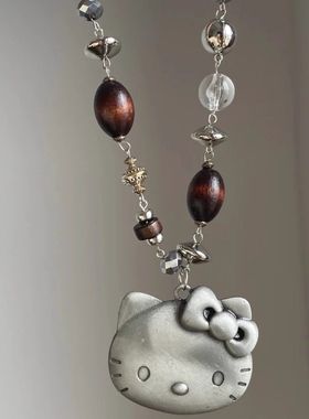 中古小众银色Kitty猫串珠绳长款项链女生可爱轻奢学生项链设计感