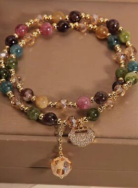 新款双圈彩色仿碧玺手链女生轻奢中式手链长命锁手串送闺蜜礼物