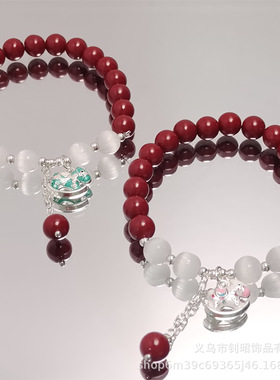 女孩朱砂色猫眼摇摇木马手链百搭高级感纳福学生手串琉璃红手串