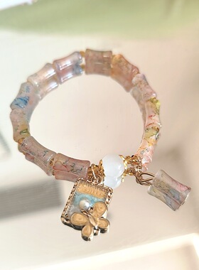 中式水墨竹节手串女孩蝴蝶珍珠串珠滴油流苏手链学生玻璃水晶手链