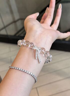 轻奢冰透感10mm白色串珠蝴蝶结飘带手串女冰凉甜美手链送女友礼物