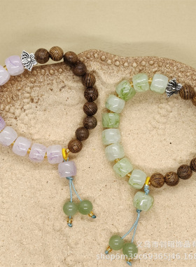 原创设计新中式半镯鸡翅木桶珠莲花手链国潮简约静心禅意学生手链