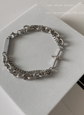 冷淡风小众设计感复古十字架镶钻双层手链男女设计感个性钛钢手环