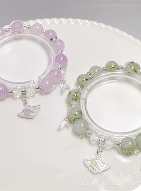 原创设计中式水墨竹叶银杏叶手链学生琉璃水晶手链高颜值手串礼物