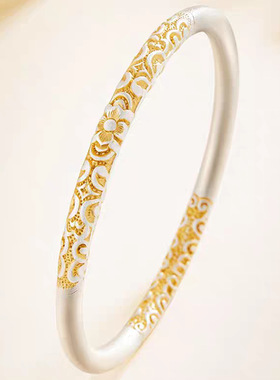 铜镀银手镯中式枝繁叶茂描金闭口卷唐草纹手镯女古风精致磨砂手镯