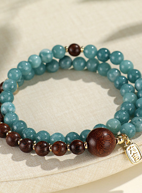 新中式仿天然石蓝色金丝檀木串珠手链女双圈手链民族风手串送闺蜜