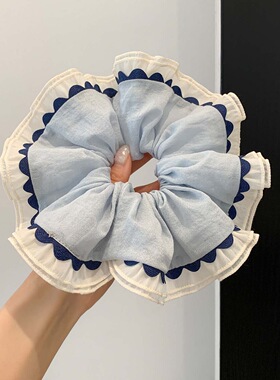 韩系蓝色花边大肠发圈女慵懒风扎头发绳超大气质百搭发饰发圈头花