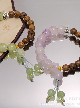 学生琉璃手链水墨桶珠莲花鸡翅木中式手链高级感静心佛珠古风手串