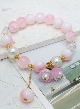 学生手链玻璃珠国风铃兰花奶盖佛珠爆花手链10mm圆珠仿珍珠手串