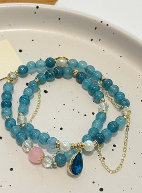 清凉夏日蓝色水滴眼泪琉璃手链女甜孩美中式双层手串学生闺蜜礼物