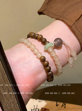 美拉德仿檀木双圈串珠手串女生古风流苏手链百搭高极感古玩风手串