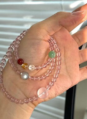 海棠醉日小众清冷感天然三圈仿草莓晶红玛月光水晶手串女生手链